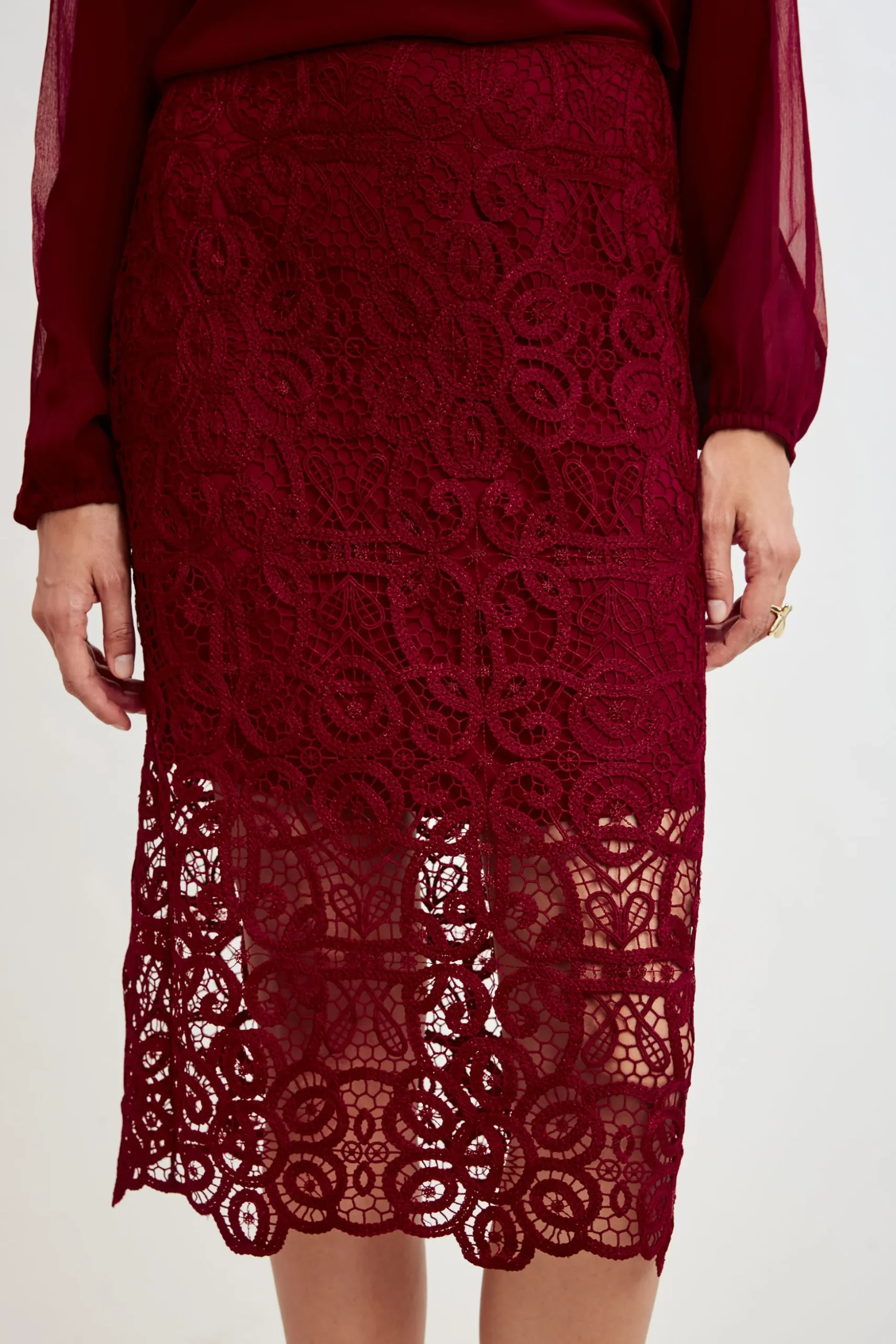 Elie Tahari Bottoms-Crochet Lace Midi Skirt SANGRIA