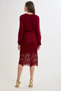 Elie Tahari Bottoms-Crochet Lace Midi Skirt SANGRIA
