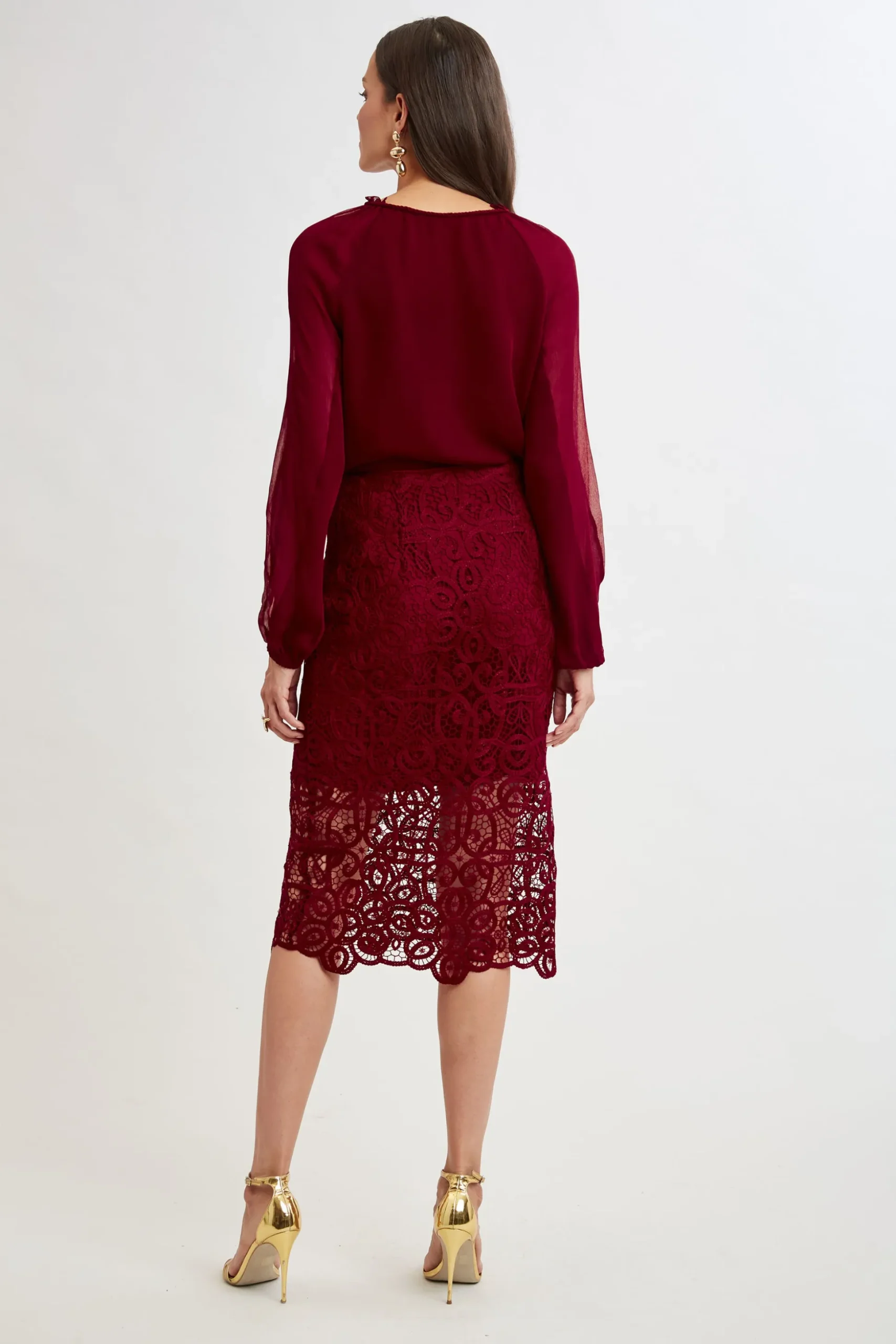 Elie Tahari Bottoms-Crochet Lace Midi Skirt SANGRIA