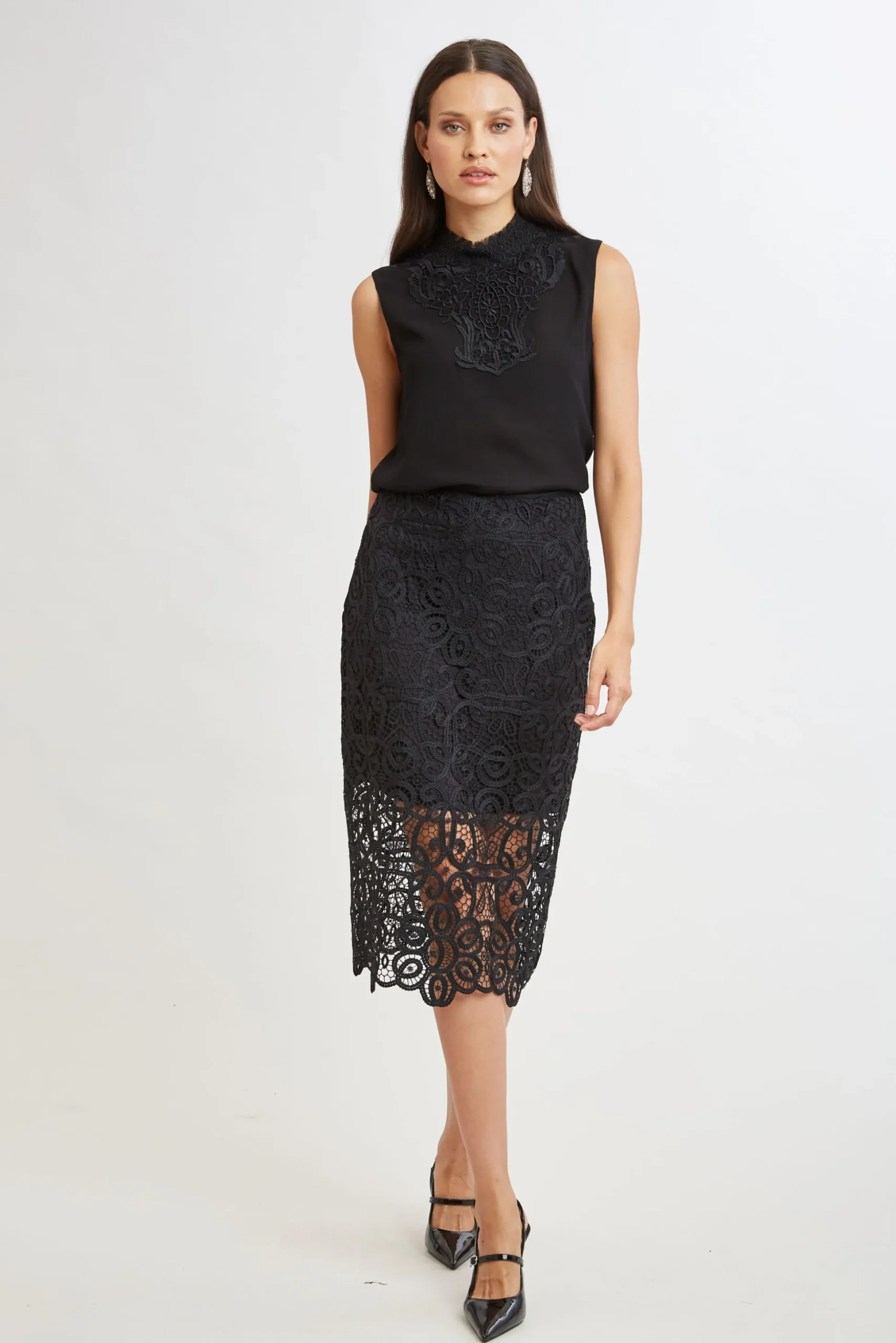 Elie Tahari Bottoms-Crochet Lace Midi Skirt BLACK