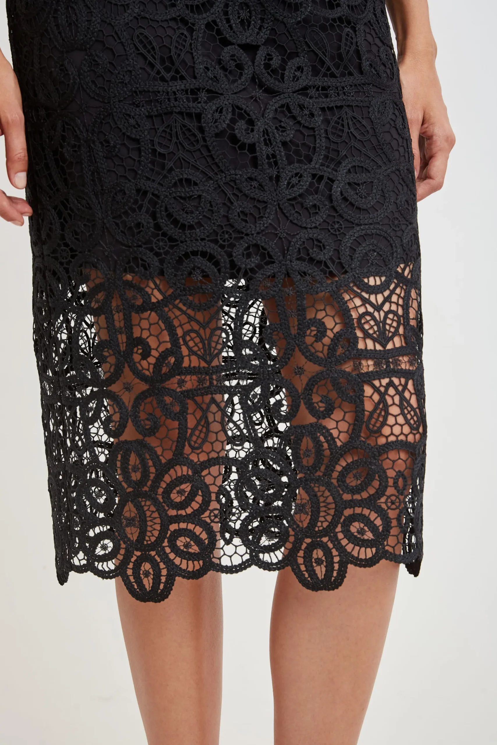 Elie Tahari Bottoms-Crochet Lace Midi Skirt BLACK