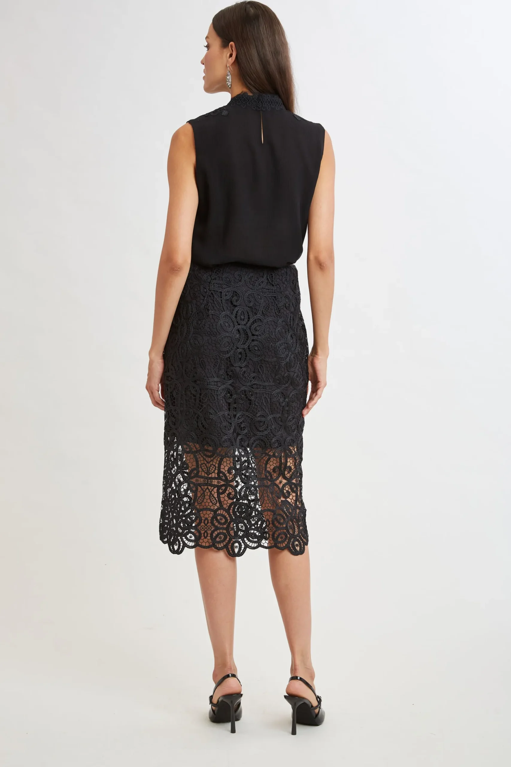 Elie Tahari Bottoms-Crochet Lace Midi Skirt BLACK