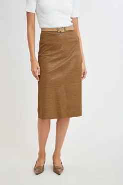Elie Tahari Bottoms|Suiting-Croco Embossed Vegan Leather Midi Skirt CARAMEL