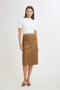 Elie Tahari Bottoms|Suiting-Croco Embossed Vegan Leather Midi Skirt CARAMEL