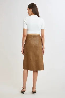 Elie Tahari Bottoms|Suiting-Croco Embossed Vegan Leather Midi Skirt CARAMEL