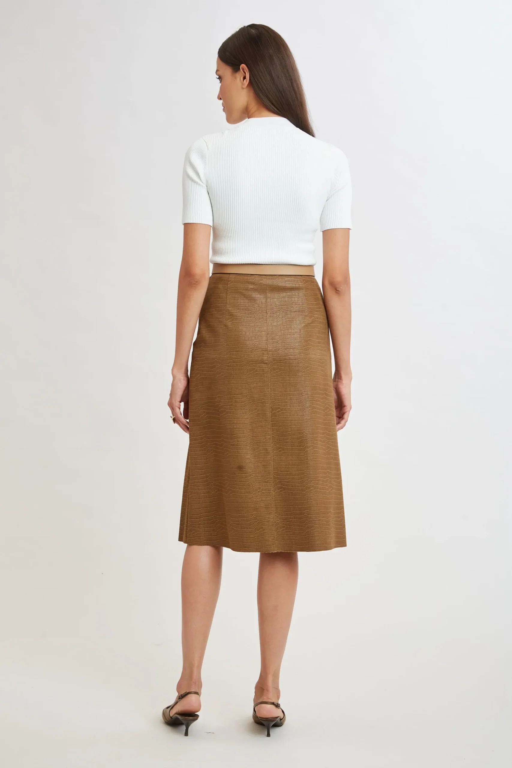 Elie Tahari Bottoms|Suiting-Croco Embossed Vegan Leather Midi Skirt CARAMEL