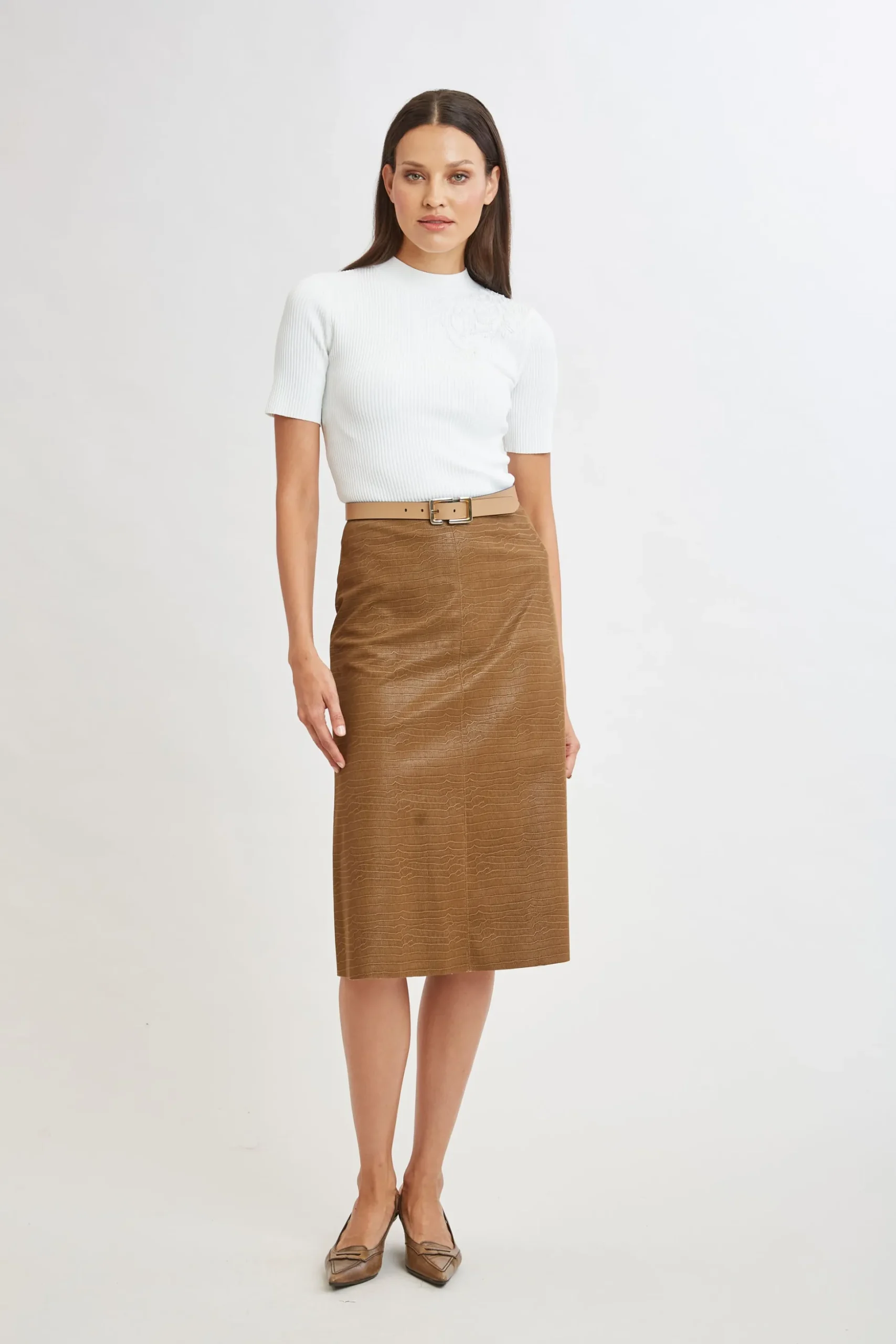 Elie Tahari Bottoms|Suiting-Croco Embossed Vegan Leather Midi Skirt CARAMEL