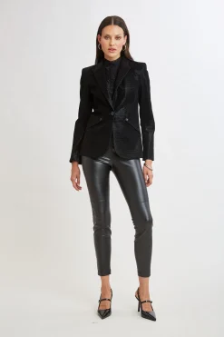Elie Tahari Jackets & Blazers|Suiting-Croco Embossed Vegan Leather Panel Blazer BLACK