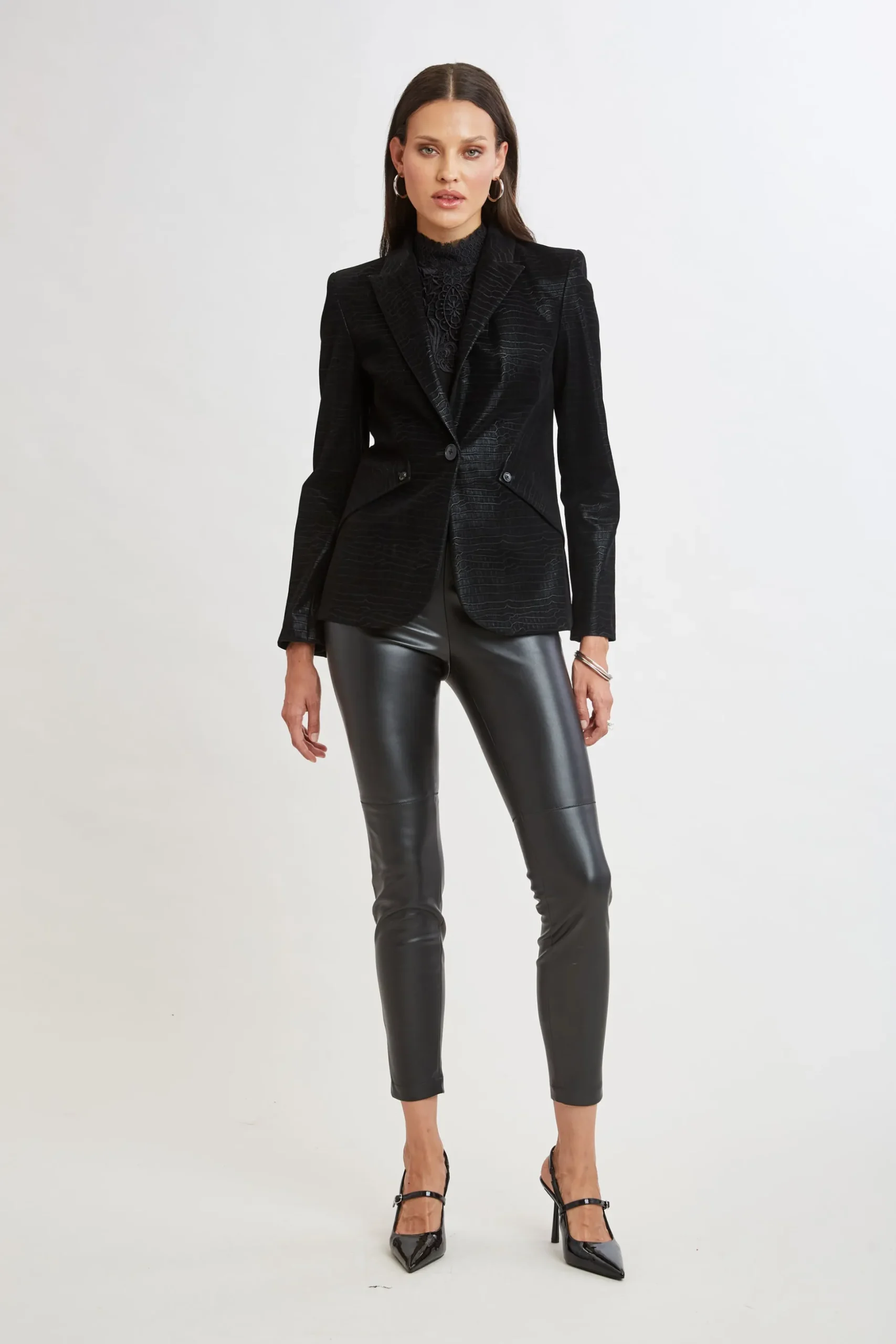 Elie Tahari Jackets & Blazers|Suiting-Croco Embossed Vegan Leather Panel Blazer BLACK