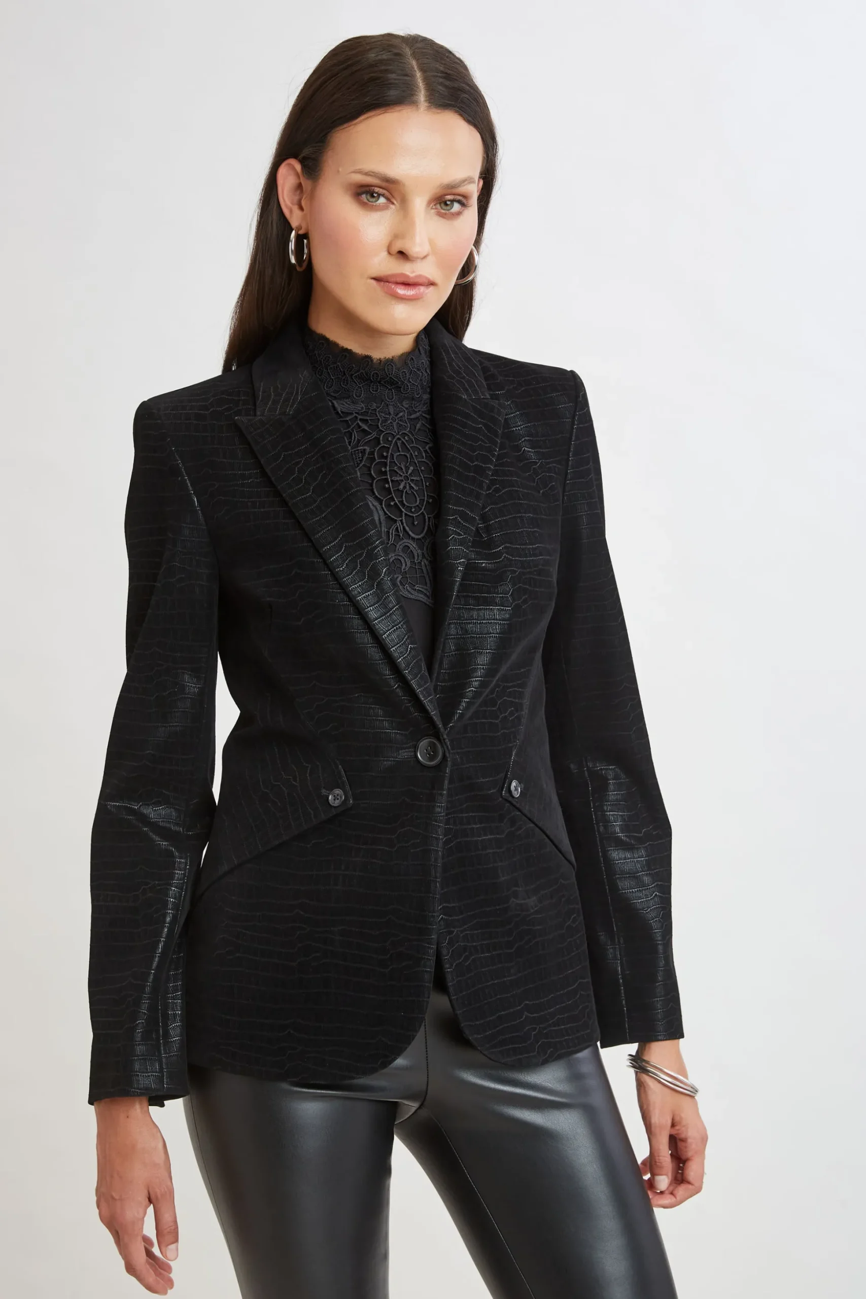 Elie Tahari Jackets & Blazers|Suiting-Croco Embossed Vegan Leather Panel Blazer BLACK