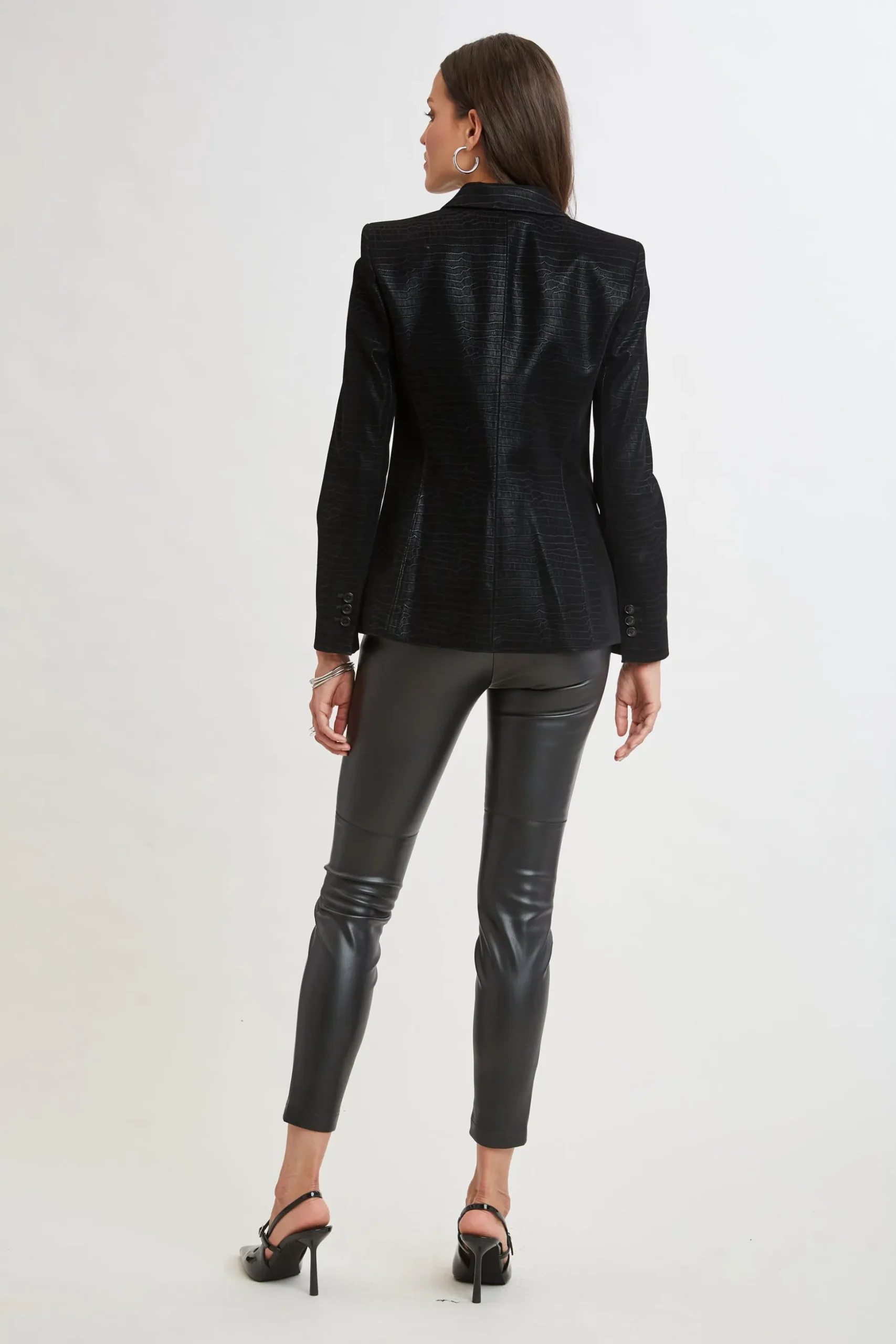 Elie Tahari Jackets & Blazers|Suiting-Croco Embossed Vegan Leather Panel Blazer BLACK