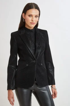 Elie Tahari Jackets & Blazers|Suiting-Croco Embossed Vegan Leather Panel Blazer BLACK