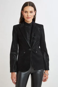 Elie Tahari Jackets & Blazers|Suiting-Croco Embossed Vegan Leather Panel Blazer BLACK