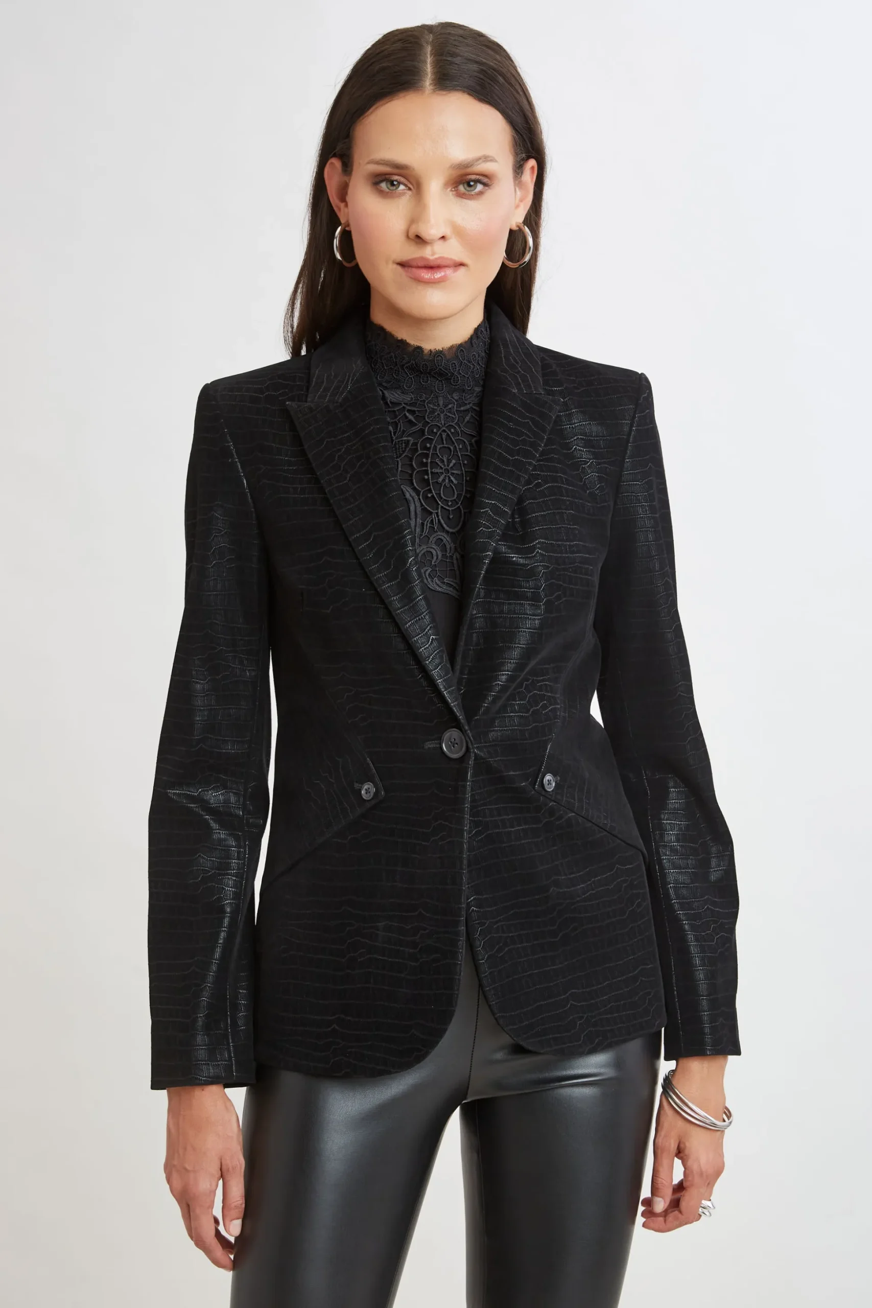 Elie Tahari Jackets & Blazers|Suiting-Croco Embossed Vegan Leather Panel Blazer BLACK
