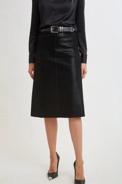 Elie Tahari Bottoms|Suiting-Croco Embossed Vegan Leather Midi Skirt BLACK