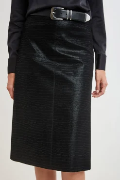 Elie Tahari Bottoms|Suiting-Croco Embossed Vegan Leather Midi Skirt BLACK
