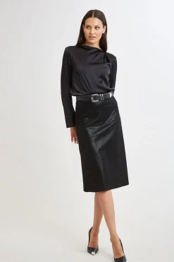 Elie Tahari Bottoms|Suiting-Croco Embossed Vegan Leather Midi Skirt BLACK