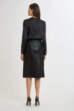 Elie Tahari Bottoms|Suiting-Croco Embossed Vegan Leather Midi Skirt BLACK