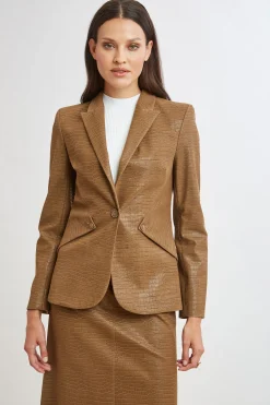 Elie Tahari Jackets & Blazers|Suiting-Croco Embossed Vegan Leather Panel Blazer CARAMEL