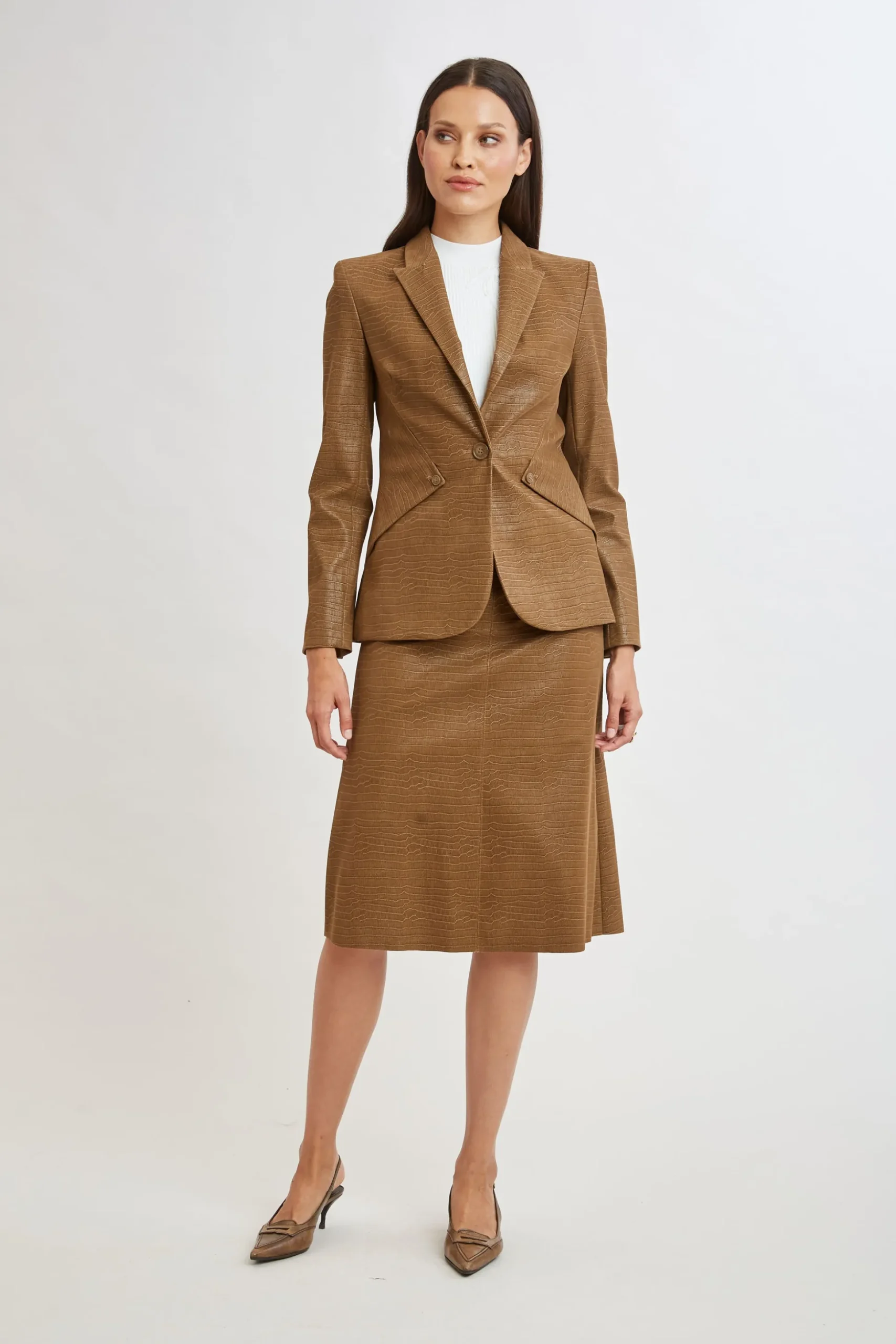 Elie Tahari Jackets & Blazers|Suiting-Croco Embossed Vegan Leather Panel Blazer CARAMEL