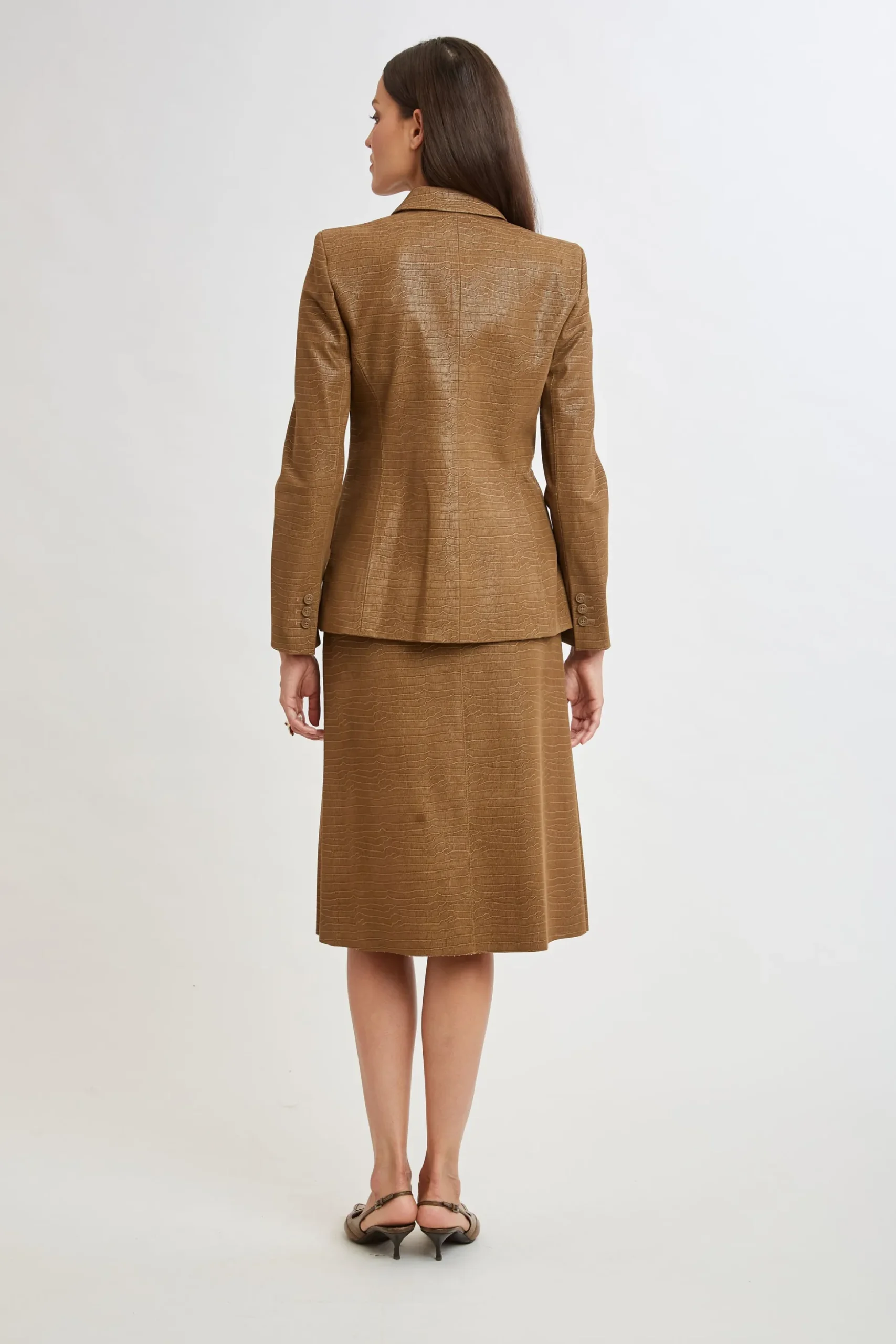 Elie Tahari Jackets & Blazers|Suiting-Croco Embossed Vegan Leather Panel Blazer CARAMEL