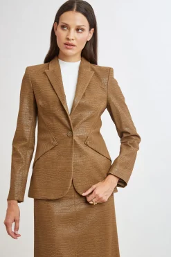 Elie Tahari Jackets & Blazers|Suiting-Croco Embossed Vegan Leather Panel Blazer CARAMEL