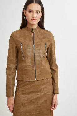 Elie Tahari Jackets & Blazers|Suiting-Croco Embossed Vegan Leather Motto Jacket CARAMEL