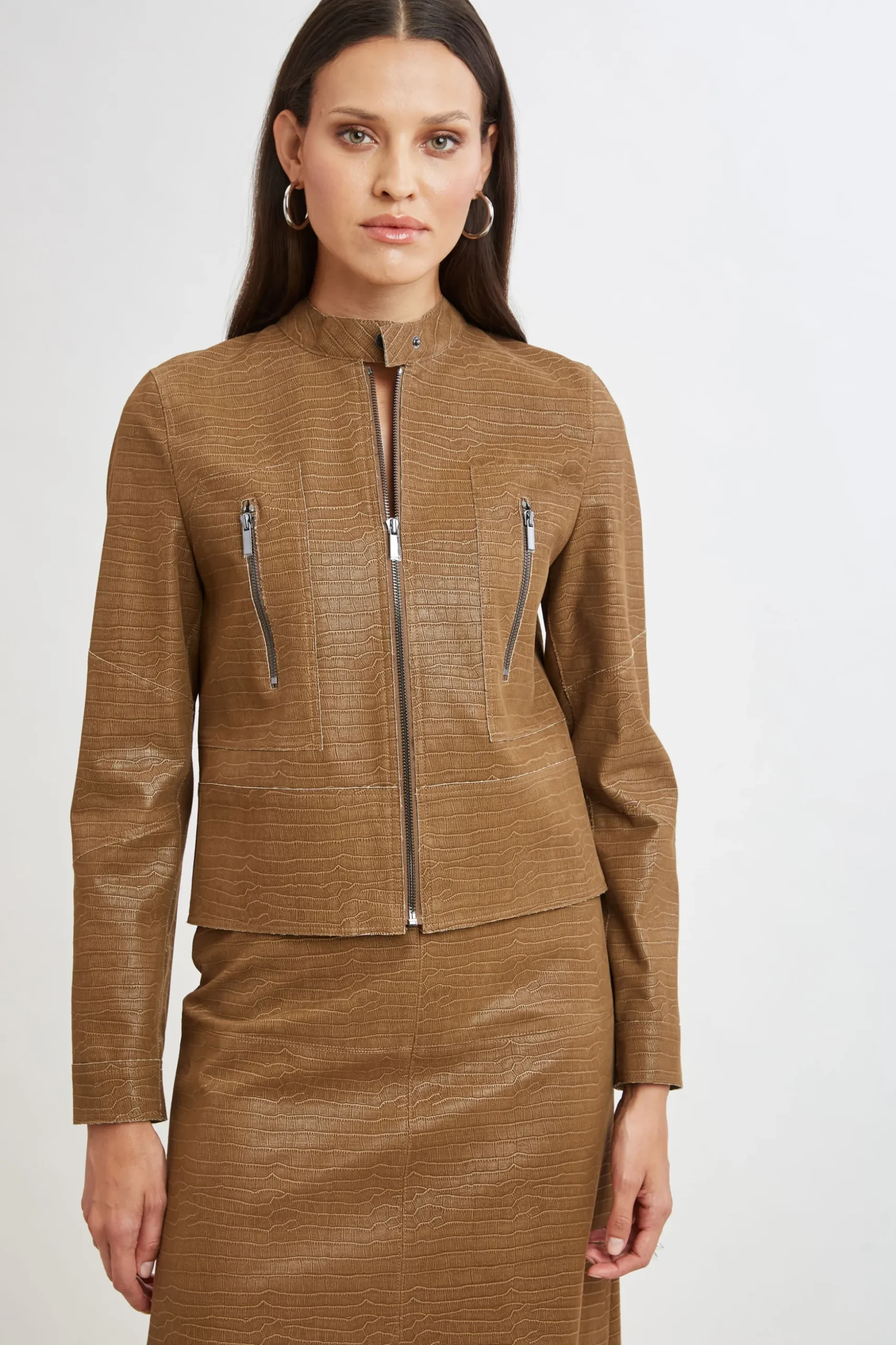 Elie Tahari Jackets & Blazers|Suiting-Croco Embossed Vegan Leather Motto Jacket CARAMEL