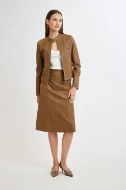 Elie Tahari Jackets & Blazers|Suiting-Croco Embossed Vegan Leather Motto Jacket CARAMEL