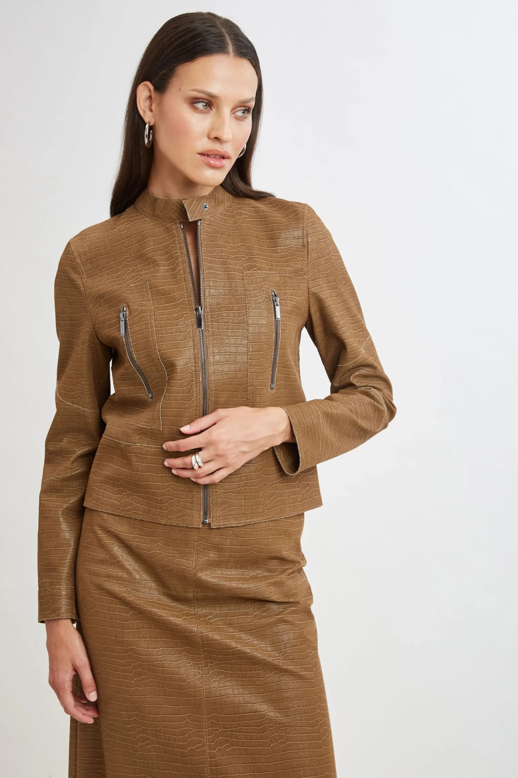 Elie Tahari Jackets & Blazers|Suiting-Croco Embossed Vegan Leather Motto Jacket CARAMEL