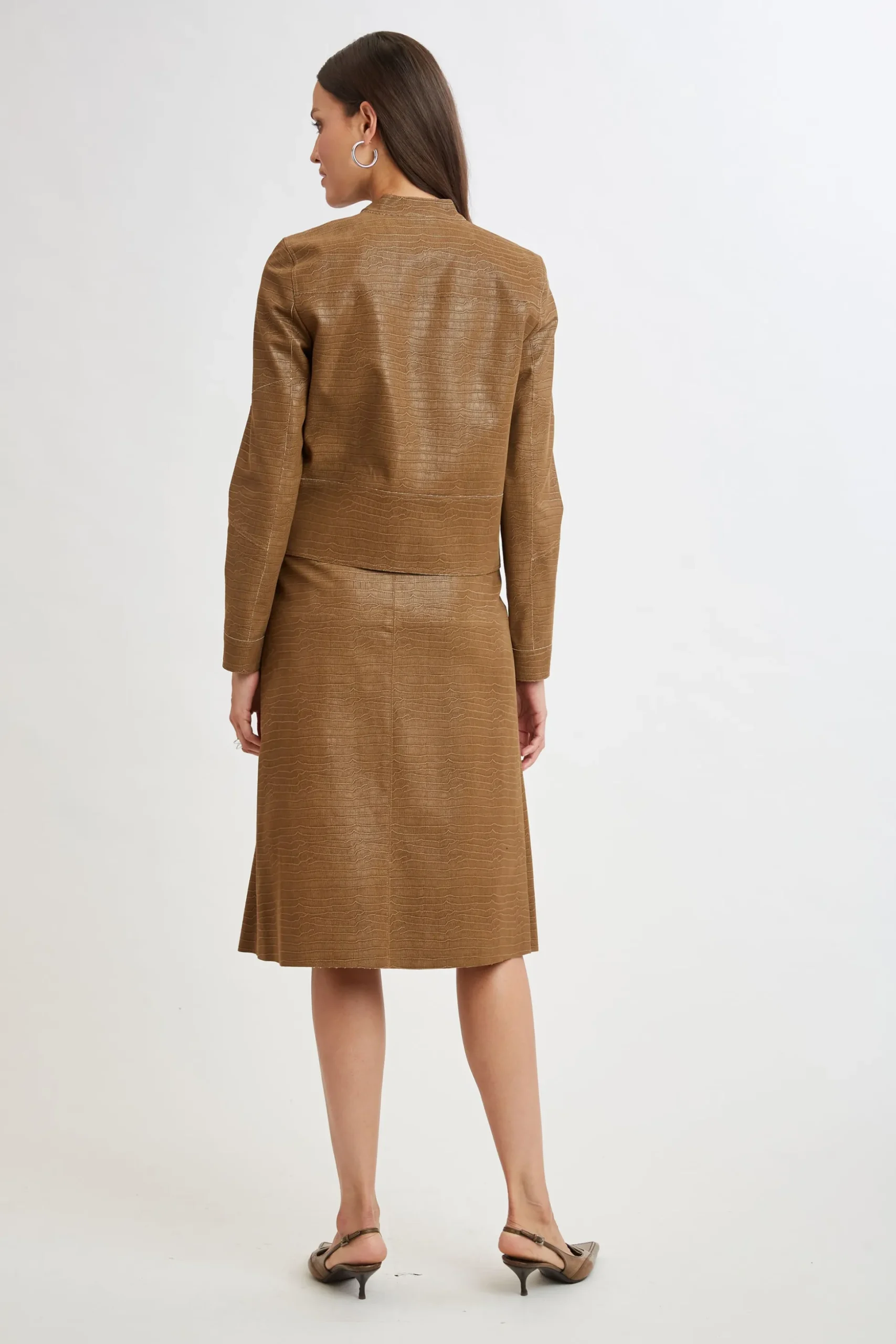 Elie Tahari Jackets & Blazers|Suiting-Croco Embossed Vegan Leather Motto Jacket CARAMEL