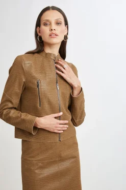 Elie Tahari Jackets & Blazers|Suiting-Croco Embossed Vegan Leather Motto Jacket CARAMEL