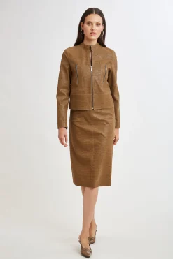 Elie Tahari Jackets & Blazers|Suiting-Croco Embossed Vegan Leather Motto Jacket CARAMEL