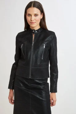 Elie Tahari Jackets & Blazers|Suiting-Croco Embossed Vegan Leather Motto Jacket BLACK