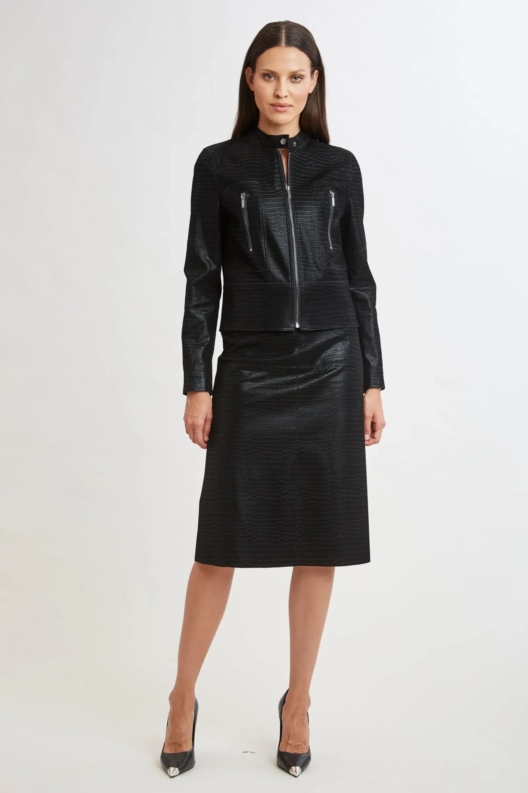 Elie Tahari Jackets & Blazers|Suiting-Croco Embossed Vegan Leather Motto Jacket BLACK