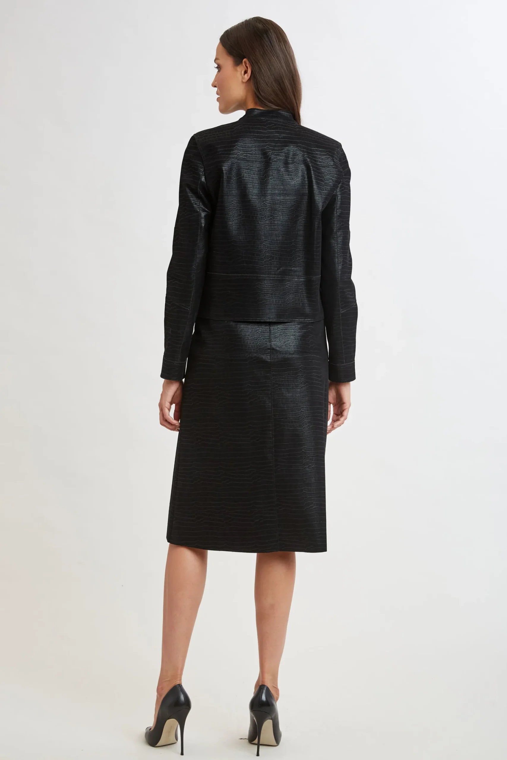 Elie Tahari Jackets & Blazers|Suiting-Croco Embossed Vegan Leather Motto Jacket BLACK