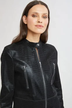 Elie Tahari Jackets & Blazers|Suiting-Croco Embossed Vegan Leather Motto Jacket BLACK
