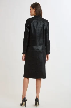 Elie Tahari Jackets & Blazers|Suiting-Croco Embossed Vegan Leather Motto Jacket BLACK