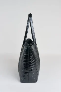 Elie Tahari Suiting|Fragrance-Crocodile Embossed Leather Tote BLACK