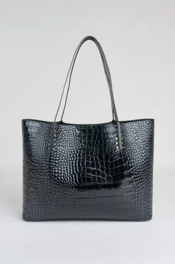 Elie Tahari Suiting|Fragrance-Crocodile Embossed Leather Tote BLACK