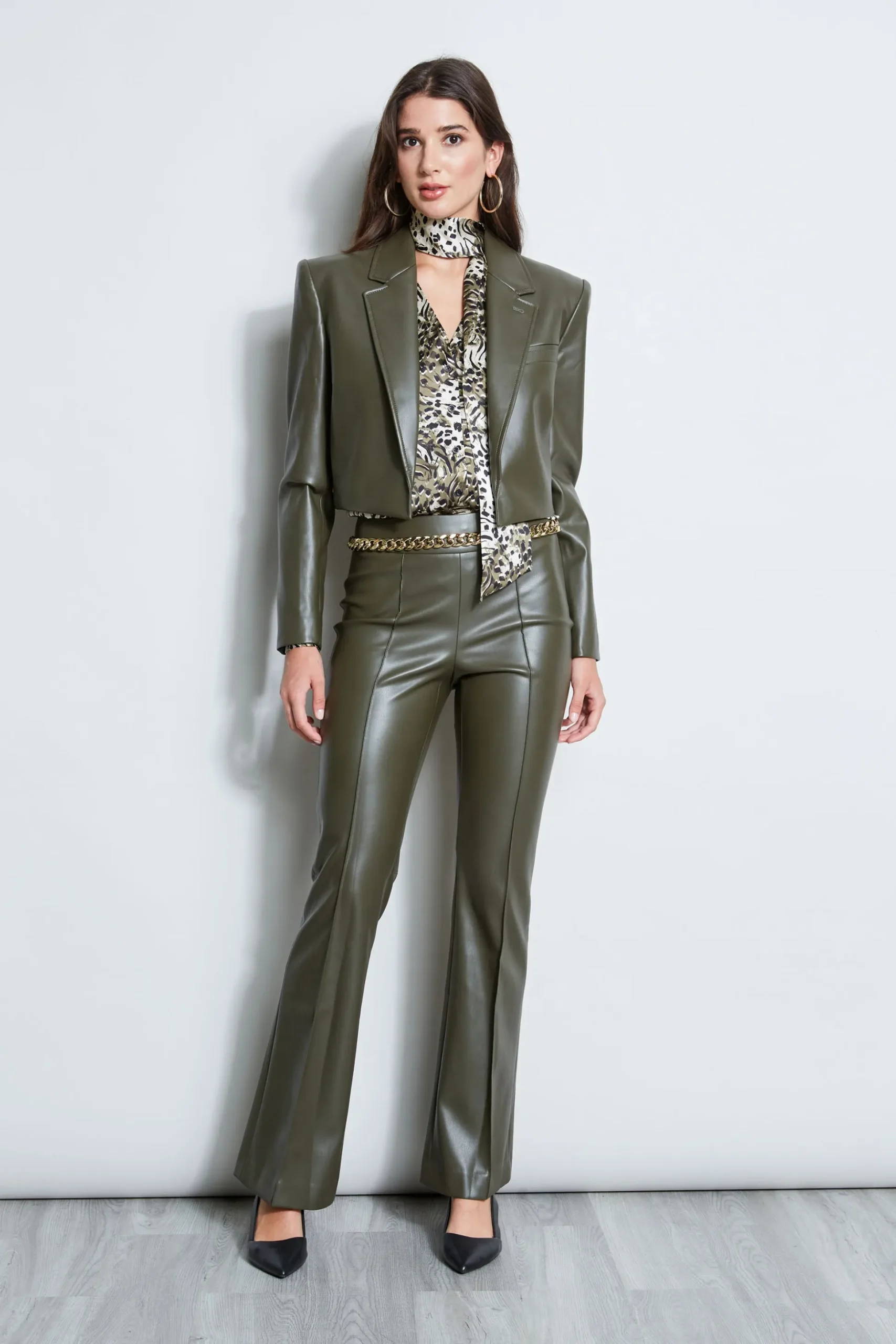 Elie Tahari Jackets & Blazers-Cropped Vegan Leather Jacket OLIVE