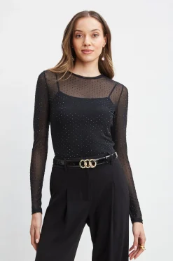Elie Tahari Tops & Sweaters-Crystal Mesh Long Sleeve Knit BLACK