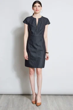 Elie Tahari Dresses & Jumpsuits|Short Sleeve Dresses-Denim Fit & Flare Zip Dress INDIGO