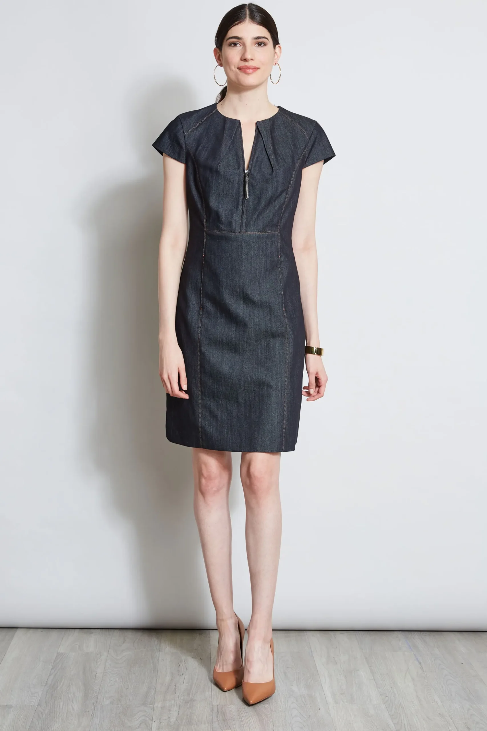 Elie Tahari Dresses & Jumpsuits|Short Sleeve Dresses-Denim Fit & Flare Zip Dress INDIGO