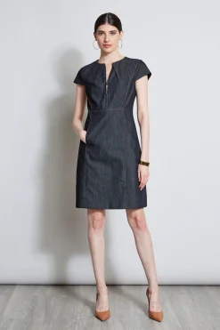 Elie Tahari Dresses & Jumpsuits|Short Sleeve Dresses-Denim Fit & Flare Zip Dress INDIGO
