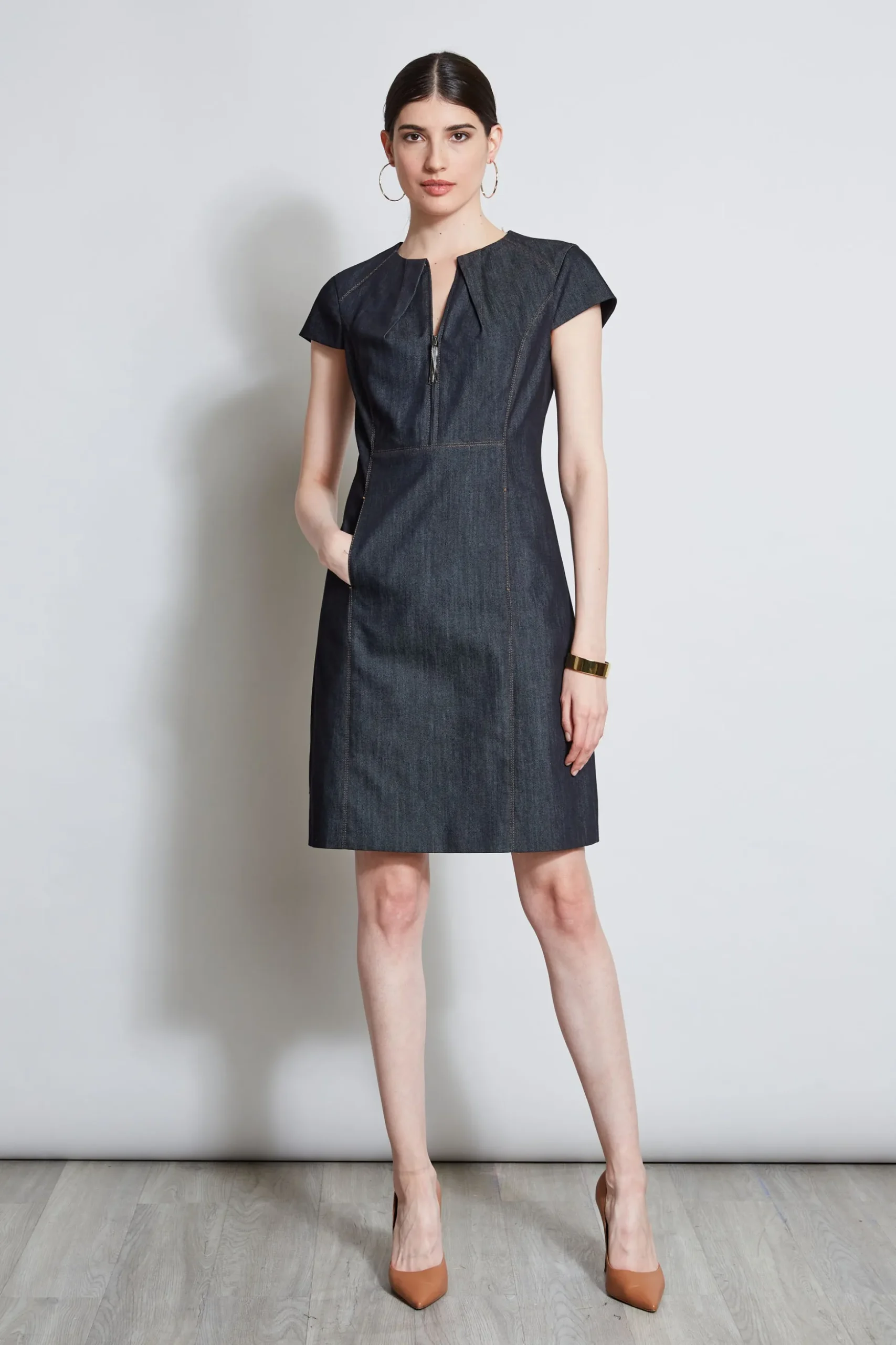 Elie Tahari Dresses & Jumpsuits|Short Sleeve Dresses-Denim Fit & Flare Zip Dress INDIGO