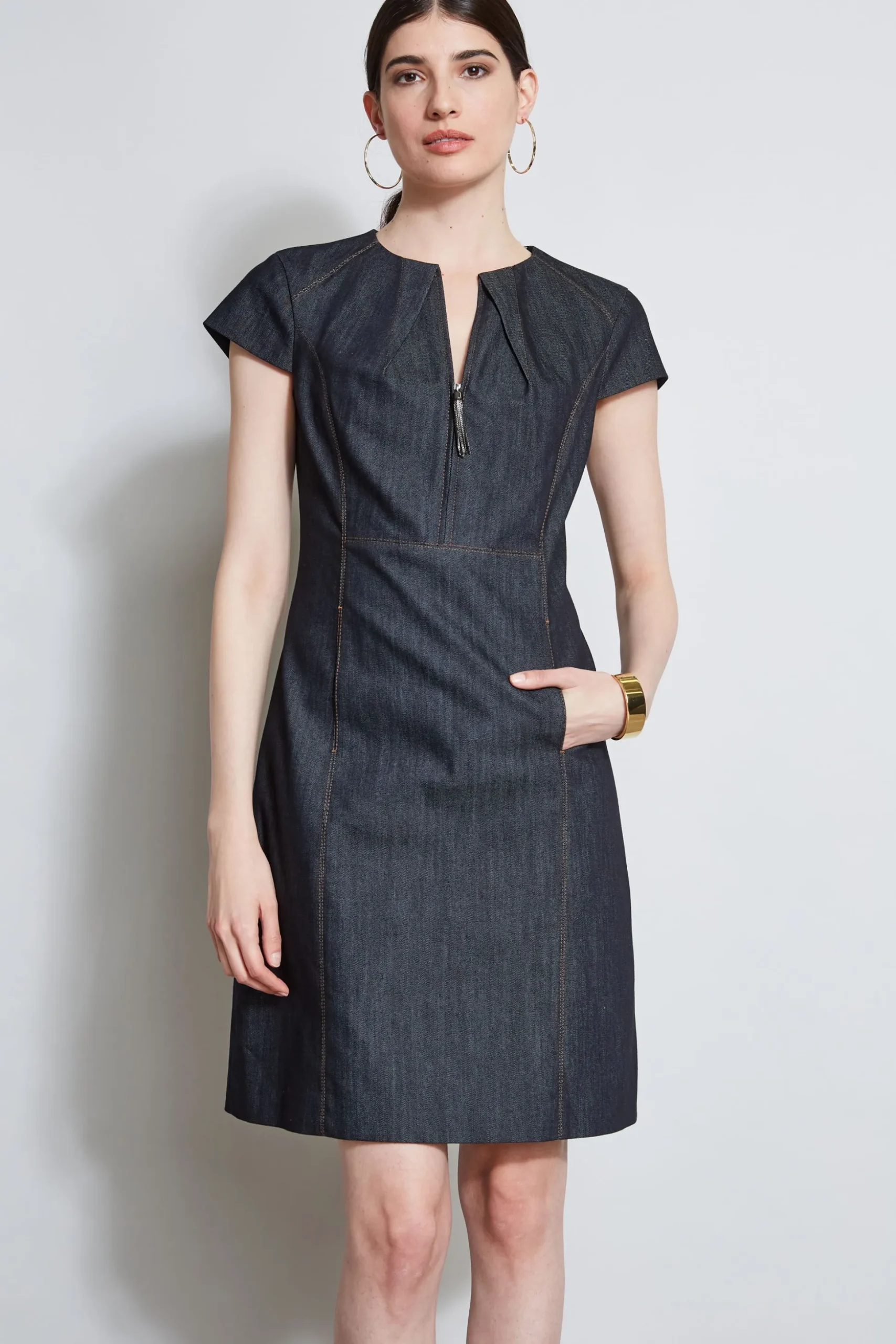 Elie Tahari Dresses & Jumpsuits|Short Sleeve Dresses-Denim Fit & Flare Zip Dress INDIGO
