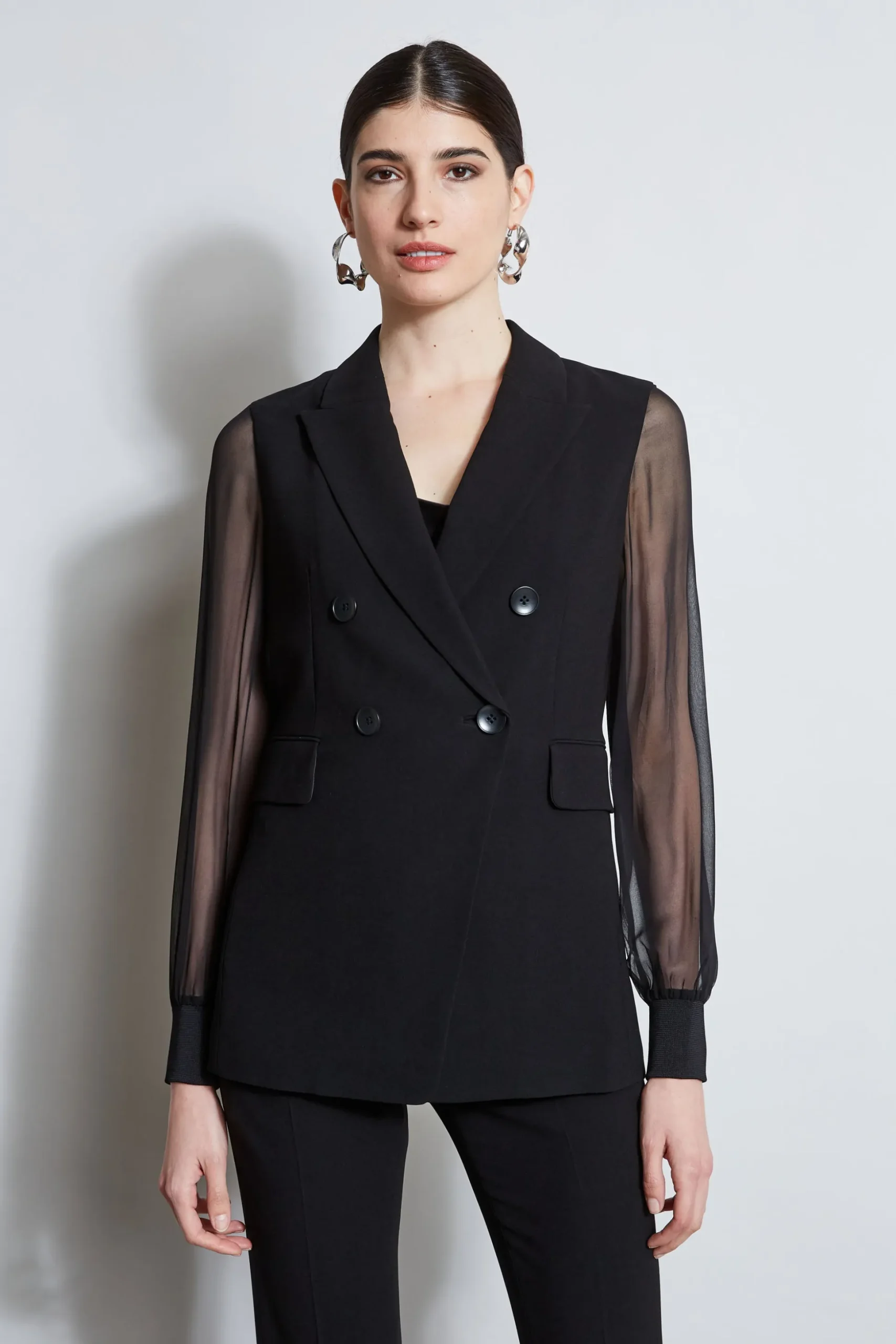 Elie Tahari Jackets & Blazers-Double Breasted Chiffon Sleeve Blazer BLACK