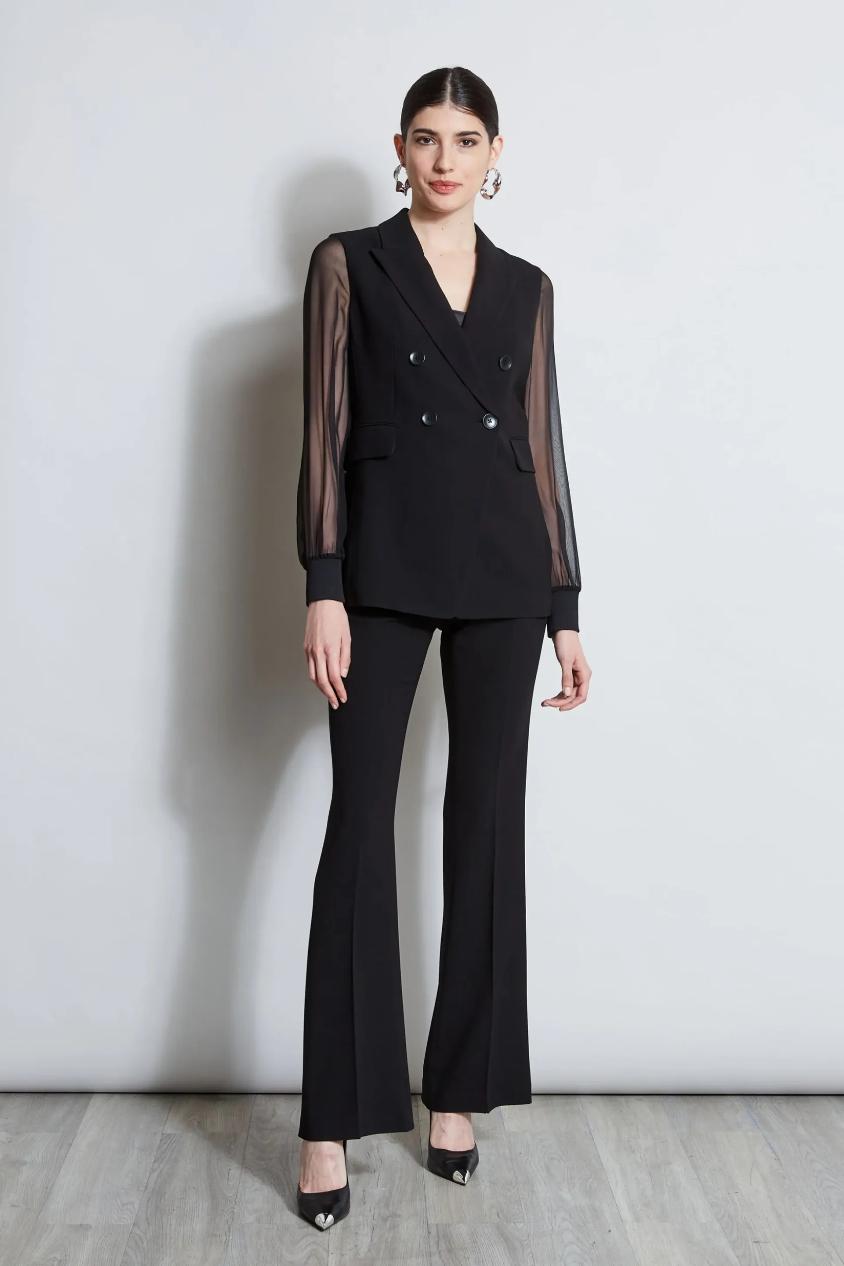Elie Tahari Jackets & Blazers-Double Breasted Chiffon Sleeve Blazer BLACK
