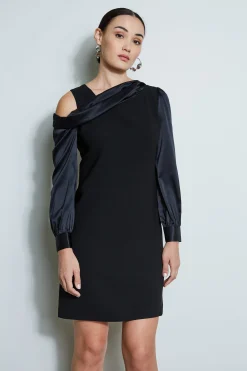 Elie Tahari Dresses & Jumpsuits|Long Sleeve Dresses-Draped Satin Shoulder Dress BLACK